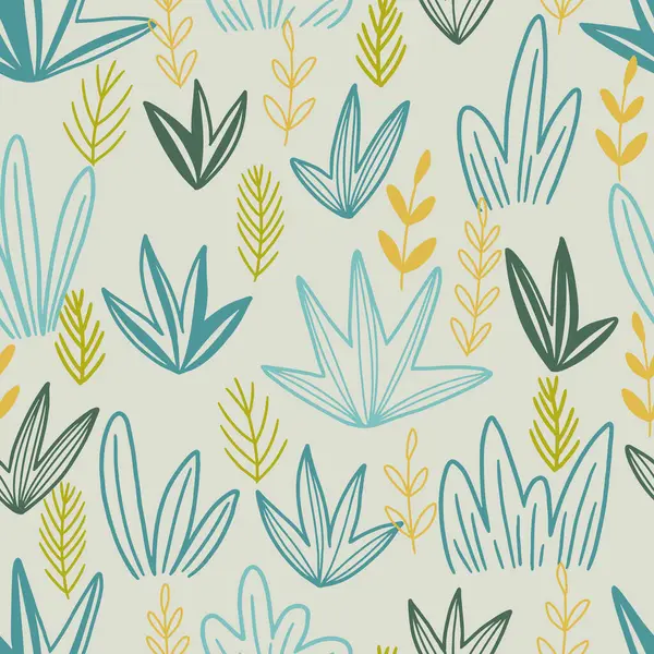 Çiçeksel el çizimi vektör pürüzsüz desen. Dalları, yaprakları, bitkileri olan soyut bir arka plan. Karalama tarzında renkli duvar kağıtları. Baskı, paket, kart, tekstil, kumaş, dekor için basit botanik tasarımı.