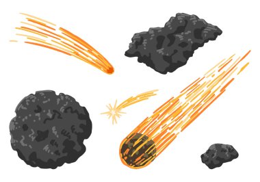 Kozmik uzay çizimleri ayarlandı. Meteor çizimleri, kuyruklu yıldızlar, asteroitler. Astronomi bilimi renkli bir parça. El çizimi vektör çizimi beyaza izole edildi..