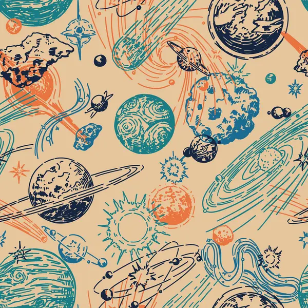 Kozmik uzay kusursuz desen. Gezegenlerin, yıldızların, kuyruklu yıldızların, asteroitlerin, galaksilerin soyut süslemeleri. El çizimi vektör astronomisi çizimleri..