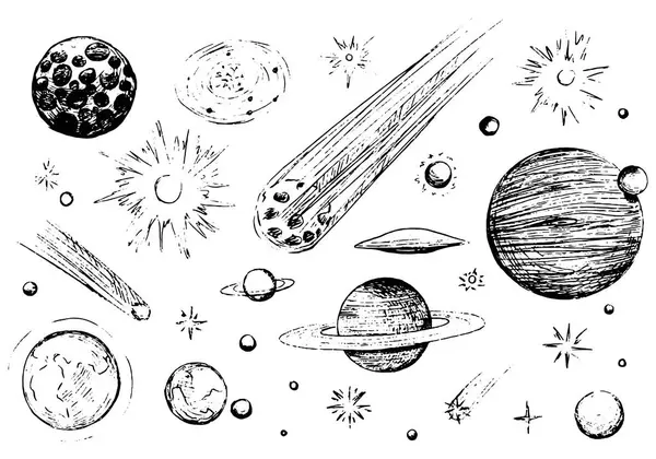 El çizimi vektör illüstrasyonu. Uzay nesnelerinin mürekkep çizimi. Kuyruklu yıldız, gezegen, yıldız ve asteroit koleksiyonu. Siyah ana hatlar beyaza izole edilmiş. Tasarım baskıları, poster, dekor, kartlar vs. için