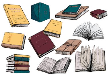 El çizimi vektör illüstrasyonu. Samimi antika kitap koleksiyonu. Gerçekçi taslak çizimi. Beyazda izole edilmiş renkli elementler. Tasarım için nesneler, baskılar, çıkartmalar, kartlar, afişler, afişler.