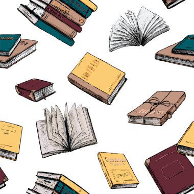 Kitaplar vektörsüz desen. Okuma aşkı, klasik el yapımı arka plan. Çizim tarzında renkli, soyut duvar kağıdı, boho. Paket kağıdı, baskı, kumaş, tekstil, kart, kupür defteri için tasarım