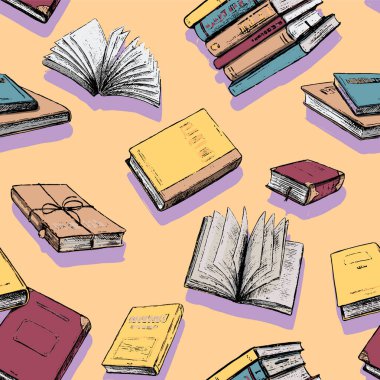 Kitaplar vektörsüz desen. Okuma aşkı, klasik el yapımı arka plan. Çizim tarzında renkli, soyut duvar kağıdı, boho. Paket kağıdı, baskı, kumaş, tekstil, kart, kupür defteri için tasarım