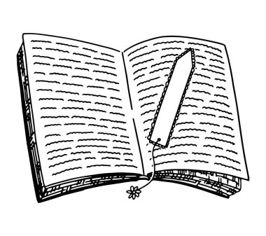 Yer imleriyle açılmış bir kitap. Kütüphane taslağı, okuma. El çizimi vektör çizimi. Oyma biçimi dağılımı beyaz arkaplanda izole edildi..
