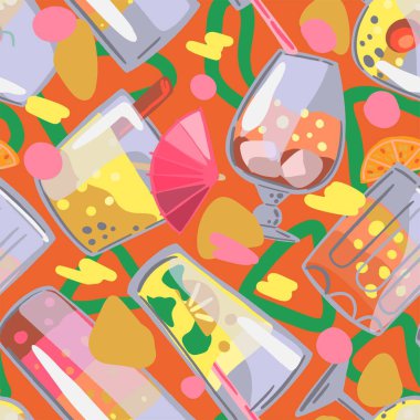 Parlak kokteyller, bardakta içecekler. Elle çizilmiş vektör pürüzsüz desen. Çizgi film tarzında renkli bir süs. Yaz baskısı, ambalaj, dekor, kumaş, tekstil, arkaplan, duvar kağıtları için soyut tasarım.