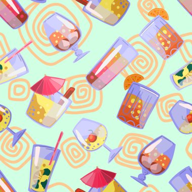 Parlak kokteyller, bardakta içecekler. Elle çizilmiş vektör pürüzsüz desen. Çizgi film tarzında renkli bir süs. Yaz baskısı, ambalaj, dekor, kumaş, tekstil, arkaplan, duvar kağıtları için soyut tasarım.