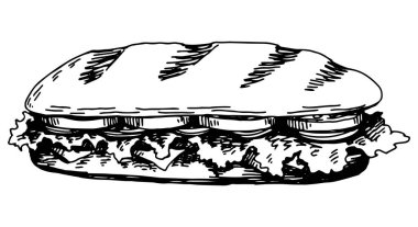 Sandviç skeci. El çizimi vektör çizimi. Tek kişilik fast food karalaması. Beyaz arkaplanda ana hatlar izole edildi.