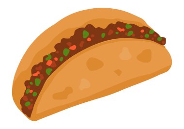 Taco, mısır tortilla dolu. Düz bir şekilde elle çizilmiş vektör çizimi. Meksika yemeği, tek karalama. Çizgi film zirvesi beyaz arkaplanda izole edildi.