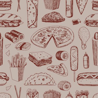 Fast food kusursuz modeller çizer. Lezzetli yemek süsü. El çizimi vektör çizimi. Dekor, duvar kağıdı, arkaplan, tekstil için Retro biçim tasarımı.