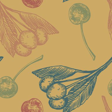 Kusursuz kiraz ağacı meyvesi deseni. Yaz meyvesi süsü. El çizimi vektör çizimi. Retro oyma biçimi tasarımı..