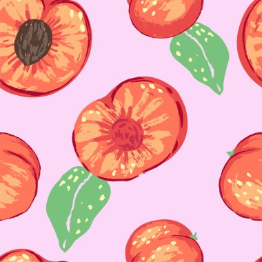 Modern tarzda şeftalinin kusursuz deseni. Yapraklı taze meyvelerin vektör çizimi. Parlak çağdaş süs. Dekor, duvar kağıdı, arkaplan, tekstil için tasarım.