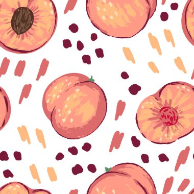 Modern tarzda şeftalinin kusursuz deseni. Taze meyvelerin vektör çizimi. Parlak çağdaş süs. Dekor, duvar kağıdı, arkaplan, tekstil için tasarım.