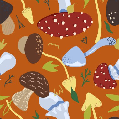 Mantarlar düz elle çizilmiş vektörsüz desen. İskandinav tarzında sonbahar hasat süsü. Soyut renkli çizgi film tasarımı
