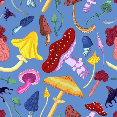 Mantarlar pürüzsüz. Çeşitli zehirli mantarların süsü. Modern tarzda vektör illüstrasyonu. Duvar kağıdı, dekor, paket, arkaplan, tekstil için soyut tasarım.