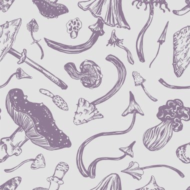Mantarlar pürüzsüz. Çeşitli zehirli mantarların süsü. Retro oymacılık tarzında vektör illüstrasyonu. Duvar kağıdı, dekor, paket, arkaplan, tekstil için soyut tasarım.