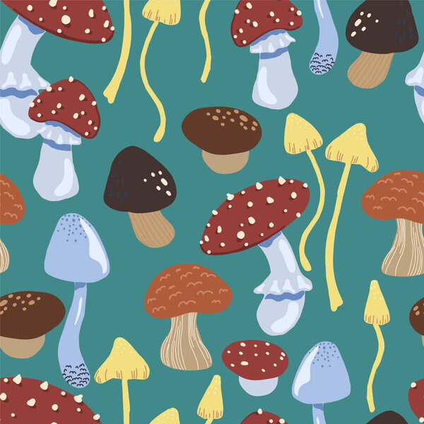 Cute mushrooms flat hand drawn vector seamless pattern. Colorful wallpaper in scandinavian style. Autumn harvest sketches background for original design, print, wrapping, textile, fabric, decor, card.