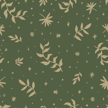 Soyut botanik süsü. Bitkiler ve yıldızlar siluet vintage biçim vektörsüz desen.