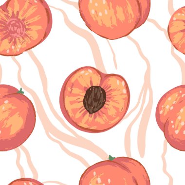 Modern tarzda şeftalinin kusursuz deseni. Taze meyvelerin çağdaş süsü.