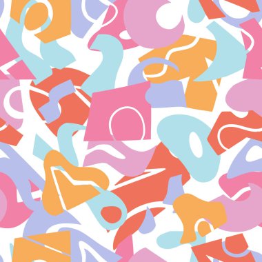 Soyut çağdaş süs. Geometrik kesiklerin, şekillerin ve basit karalamaların vektörsüz örüntüsü. Pastel renkte dizayn..