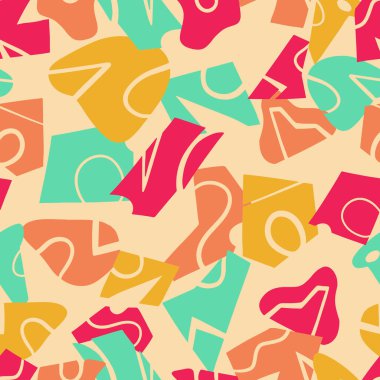 Soyut çağdaş süs. Geometrik kesiklerin, şekillerin ve basit karalamaların vektörsüz örüntüsü. Parlak renkli tasarım..