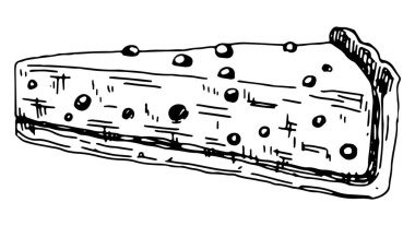 Bir parça yabanmersinli cheesecake. Tatlı yemeğin tek bir taslağı, tatlı. El çizimi vektör çizimi. Beyaz arkaplanda ana hatlar izole edildi.