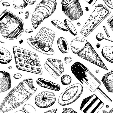 Tatlı yemek kusursuz desen. Çeşitli lezzetli tatlıların süsü. Robot resim tarzında vektör illüstrasyonu. Duvar kağıdı, dekor, paket, arkaplan için geçmişe dönük tasarım.