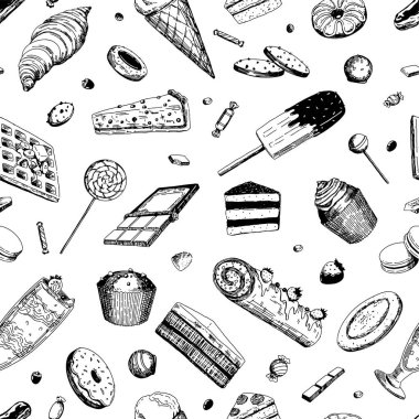 Tatlı yemek kusursuz desen. Çeşitli lezzetli tatlıların süsü. Robot resim tarzında vektör illüstrasyonu. Duvar kağıdı, dekor, paket, arkaplan için geçmişe dönük tasarım.