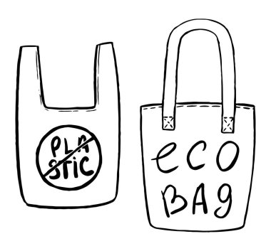 Plastik torba ve eko torba. Plastik sorunu. El çizimi vektör çizimi. Ekoloji temalı basit çizim beyaza izole edilmiş. Tasarım için siyah kontur elementleri.