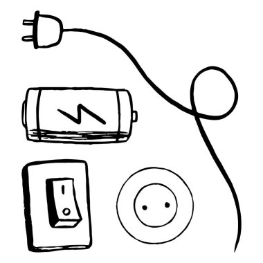 Elektrik sembolleri, soket, kablo, anahtar, pil. El çizimi vektör ekolojisi çizimi. Siyah çizim beyaza izole edilmiş. Tasarım, baskı, poster ve afiş için karalama ögesi.