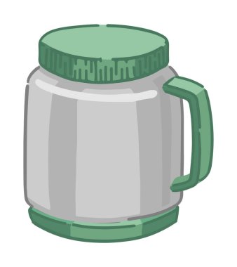 Termal bardak karalaması. Seyahat fincanı, kamp malzemeleri, yürüyüş aletleri. Çizgi film vektör çizimi beyaz üzerine izole edildi.