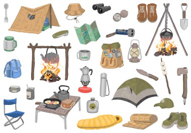 Kamp karalamaları koleksiyonu. Açık hava macerası seti, yürüyüş ekipmanları, yolculuk malzemeleri. Çizgi film vektör çizimi beyaz üzerine izole edildi.