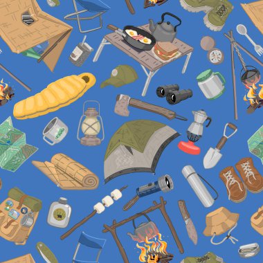 Kusursuz bir kamp düzeni. Açık hava macerası, yürüyüş ekipmanları, yolculuk malzemeleri. Çizgi film tarzında vektör tasarımı.