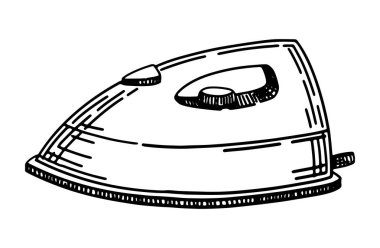 Elektrikli demir robot resim. Terzi aletleri, ev aletleri. Retro oymacılık tarzında özet vektör illüstrasyonu.