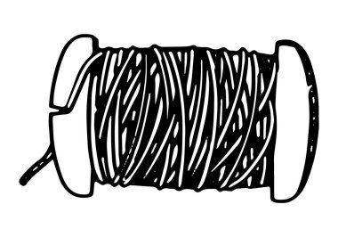 İplik çizimi maketi. Dikiş işi için aletler, terzi karalaması. Retro oymacılık tarzında özet vektör illüstrasyonu.