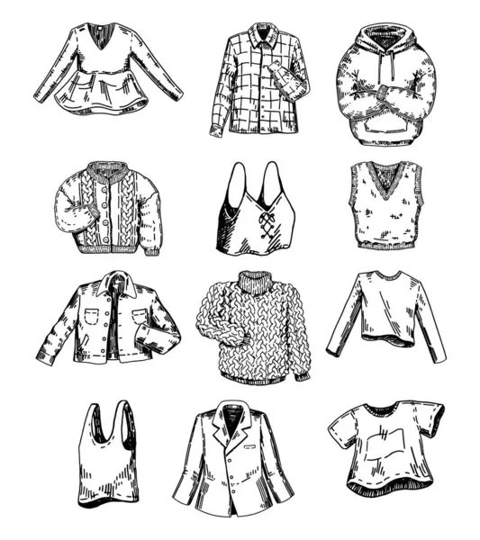 Kleding Doodle Set Schets Van Shirts Truien Jassen Blouses Overzicht Stockillustratie