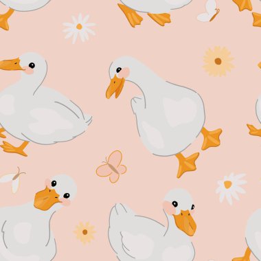Şirin ördekler, çiçekler ve böceklerin süsü. Güzel beyaz kaz deseni. Modern çocuk vektör tasarımı.