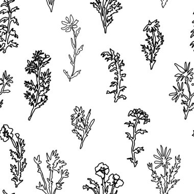 Soyut yabani bitkiler ve çiçekler pürüzsüz desenler. Sürekli çizgi çizmenin botanik süsü. Vektör çiçek tasarımı.