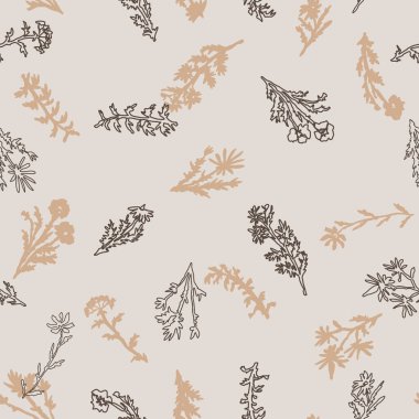 Soyut yabani bitkiler ve çiçekler pürüzsüz desenler. Sürekli çizgi çizmenin botanik süsü. Vektör çiçek tasarımı.