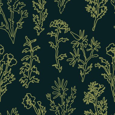 Soyut yabani bitkiler ve çiçekler pürüzsüz desenler. Sürekli çizgi çizmenin botanik süsü. Vektör çiçek tasarımı.