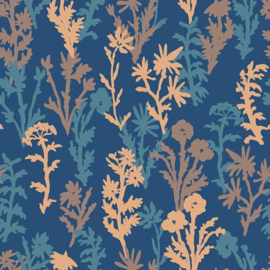 Yabani bitki ve çiçeklerin soyut siluetleri. Modern stilde bitkisel vektör pürüzsüz desen.