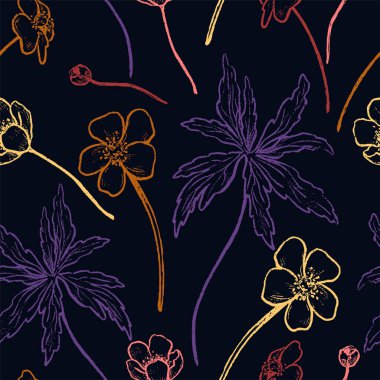 Buttercup Anemone çiçekleri, yabani bitkiler dekoratif duvar kağıtları. El çizimi, vektör vintage, pürüzsüz desen. Botanik soyut, nazik çiçek arkaplanı. Paket, tekstil, baskı ve kumaş için renkli tasarım.