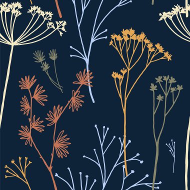 Vahşi bitkiler pürüzsüz desen. El çizimi vektör çizimi. Çiçek süsü eski moda. Tekstil, duvar kağıdı, arkaplan, dekor için klasik botanik tasarımı.