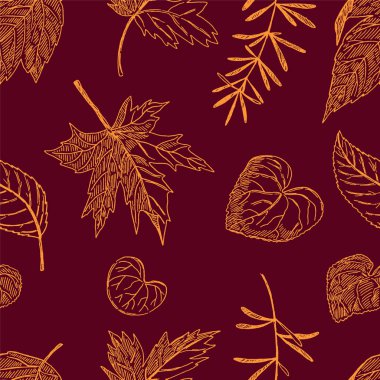 Yaprakların ana hatları pürüzsüz. El çizimi vektör çizimi. Yaprakların mürekkep çizimleriyle dolu renkli bir süs. Kumaş, tekstil, duvar kağıdı, arkaplan, baskı, dekor, paket için botanik vintage tasarımı