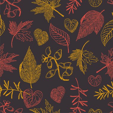 Yaprakların ana hatları pürüzsüz. El çizimi vektör çizimi. Yaprakların mürekkep çizimleriyle dolu renkli bir süs. Kumaş, tekstil, duvar kağıdı, arkaplan, baskı, dekor, paket için botanik vintage tasarımı