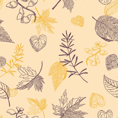 Yaprakların ana hatları pürüzsüz. El çizimi vektör çizimi. Yaprakların mürekkep çizimleriyle dolu renkli bir süs. Kumaş, tekstil, duvar kağıdı, arkaplan, baskı, dekor, paket için botanik vintage tasarımı