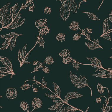 Geum Rivale çiçekleri, yabani bitkiler dekoratif duvar kağıtları. El çizimi, vektör vintage, pürüzsüz desen. Botanik soyut, nazik çiçek arkaplanı. Paket, tekstil, baskı, kumaş, kartlar için renkli tasarım.