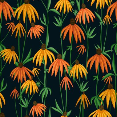 Gri başlı koni çiçekleri dikişsiz desen oluşturur. Ekinezya kır çiçekleri renkli bir süs. Kumaş, tekstil, duvar kağıdı, arka plan, baskı, dekor için botanik klasik tasarımı. El çizimi vektör illüstrasyonu.