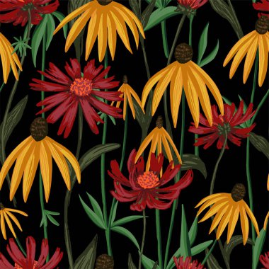 Koni çiçekleri kusursuz desen oluşturuyor. Ekinezya kır çiçekleri renkli bir süs. Saha bitkileri, kumaş, tekstil, duvar kağıdı, arka plan, baskı, dekor için botanik vintage tasarımı. El çizimi vektör illüstrasyonu.