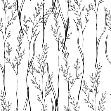 Tarla bitkilerinin çizimleri. Elle çizilmiş vektör pürüzsüz desen. Nazik tek renkli botanik süsü. Baskı, ambalaj, dekor, kumaş, tekstil, arkaplan, duvar kağıtları, yapıştırma kitabı için soyut yaz tasarımı