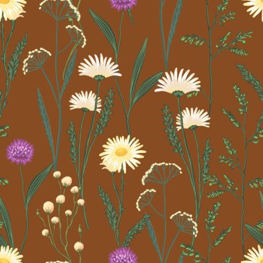 Yabani çiçeklerin el çizimi vektör pürüzsüz desen. Saha bitkilerinin soyut botanik çizimleri. Renkli, çiçekli bir arka plan. Duvar kağıdı, kumaş, baskı, dekor, kart, tekstil, ambalaj için yumuşak tasarım.
